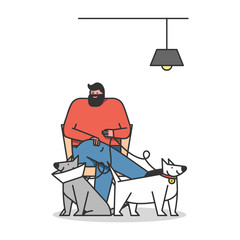 Animal Clinic Concept. Man Brought His Dogs For Diagnosis And Treat To VET. Boy Is Waiting In A Queue With Sick Pets Holding Theirs For Leash. Cartoon Linear Outline Flat Style. Vector Illustration