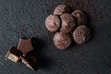 Homemade belgian chocolate. Close-up chocolate. Religious Holiday, The Sugar Feast After Ramadan. Top view. Copy space for text message.