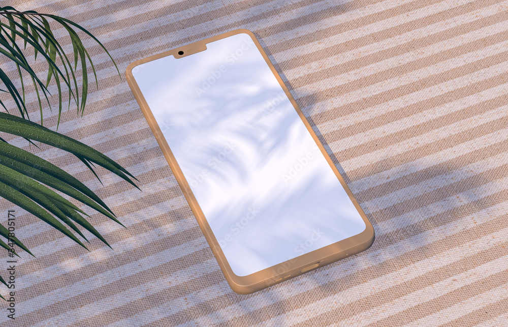 Poster natural summer backdrop with smart phone mock up on linen fabric background and tropical palm leaves