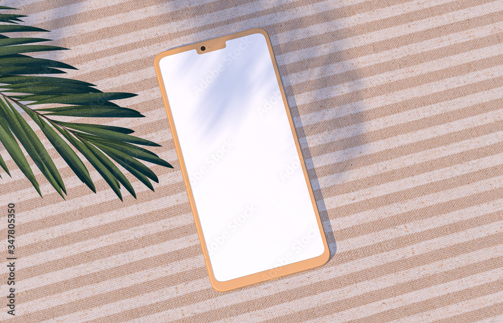 Poster natural summer backdrop with smart phone mock up on linen fabric background and tropical palm leaves