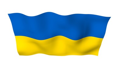 Obraz premium The flag of Ukraine on a white background. National flag and state ensign. Blue and yellow bicolour. 3D illustration waving flag