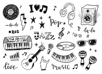 Hand drawn sketch set of music culture doodles, instruments, notes, signs and symbols - 347805927