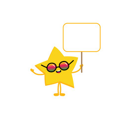 Cute smiling cartoon golden star character in sunglasses holding blank sign, card in hands.
