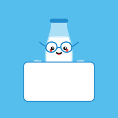 Vector cartoon style cute milk bottle character holding blank, empty card in hands. 
