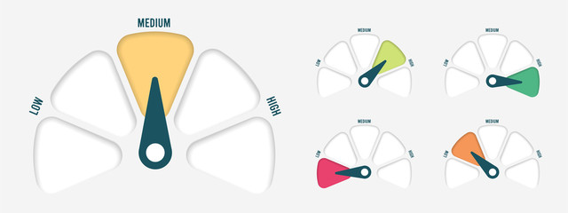 Radial scale from red to green with arrow hand pointer. Vector illustration.