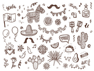 Hand drawn doodles set for Mexican party, Independence day, Cinco de Mayo celebration. Vector elements collection for your design.