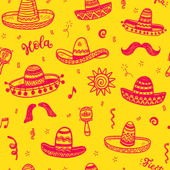 Vector seamless pattern with hand drawn doodle Mexican sombreros. Independence day, Cinco de mayo celebration, party decorations for your design.