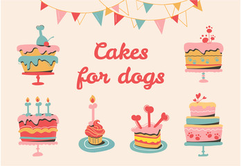 Vector multicolored dog pies, festive garlands for a party. Your dog birthday cakes. Homemade goodies, bones, bakery for puppies. Isolated on a beige background.