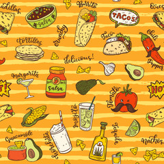 Seamless vector pattern with hand drawn Mexican food. - 347808388