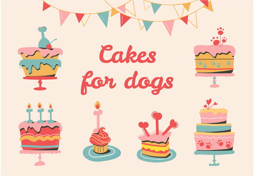 Vector multicolored dog pies, festive garlands for a party. Your dog birthday cakes. Homemade goodies, bones, bakery for puppies. Isolated on a beige background.