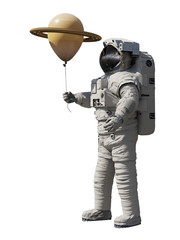 astronaut with planet Saturn balloon isolated on white background