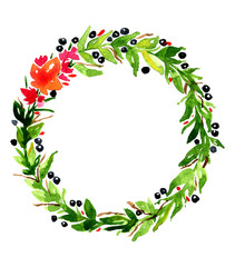 
Beautiful bright watercolor oval wreath of branches, leaves and flowers.