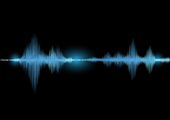 Sound waves oscillating glow light in blue tone on black background, Technology digital splash or explosion concept, Neon sound waves in music production.