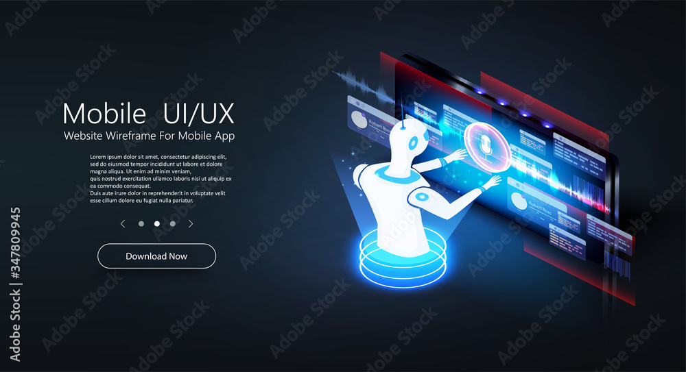 Aufkleber Chatbot isometric. Virtual assistant voice recognition service technology. Customer service infographic. Website assistance. Teacherbot. Future marketing.  AI artificial intelligence robot support.