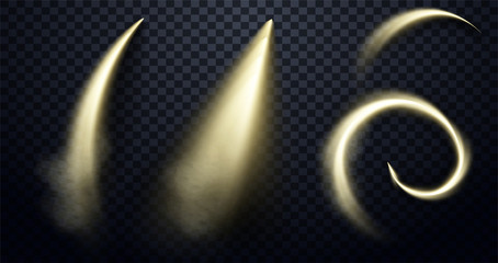White, yellow smoke. Plane track isolated on transparent background. Realistic column of fog. Aviation jet fly or spaceship sky air tracks steam. Set 3D realistic vector. Magical gold sparkles dust © ZinetroN