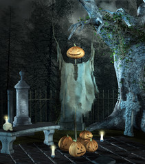 Mysterious altar in a black cemetery in the forest with scary pumpkins