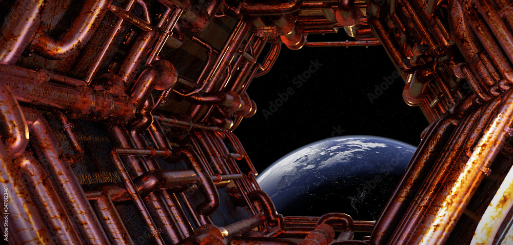 Wall mural view on planet earth through a spaceship window