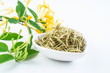 Honeysuckle tea on white background