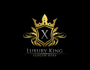 Luxury Royal King X Letter, Heraldic Gold Logo template.