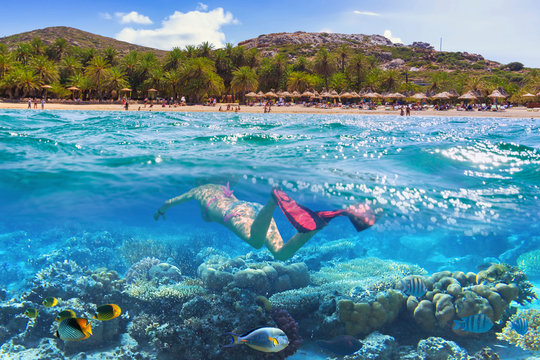 Snorkeling at the beach on Crete with the amazing lagoon, Greece