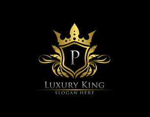 Luxury Royal King P Letter, Heraldic Gold Logo template.