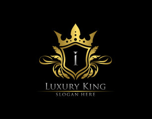 Luxury Royal King I Letter, Heraldic Gold Logo template.