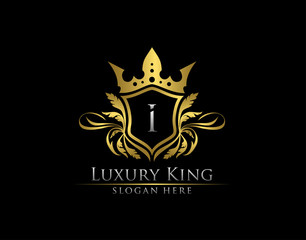Luxury Royal King I Letter, Heraldic Gold Logo template.