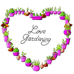 Garden illustration heart love gardening plants in pans