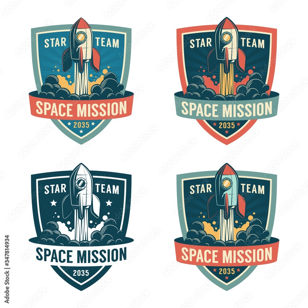 Sticker rocket launch to the space - astronaut retro shield. spaceship start - vintage badge. vector illustr