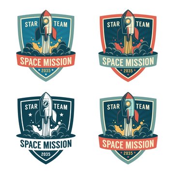 Rocket launch to the space - astronaut retro shield. Spaceship start - vintage badge. Vector illustration.