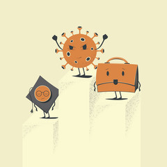 The podium, the victory of the virus. Virus disease, virus took first place, business second and education third. Retro cartoon style competition, infographic, Logo and stats. - 347815117