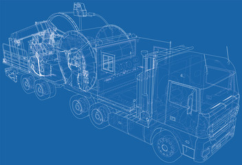 Oilfield coiled tubing equipment. Coiled tubing reel on a trailer. wire-frame. The layers of visible and invisible lines are separated. EPS10 format. Wire-frame.