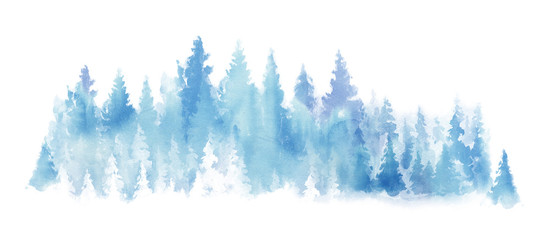 Watercolor Blue landscape of foggy forest hill. Wild nature, frozen, misty, taiga. Horizontal watercolor background. Evergreen coniferous trees.