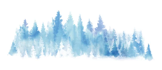 Fotobehang Watercolor Blue landscape of foggy forest hill. Wild nature, frozen, misty, taiga. Horizontal watercolor background. Evergreen coniferous trees. © Leyasw