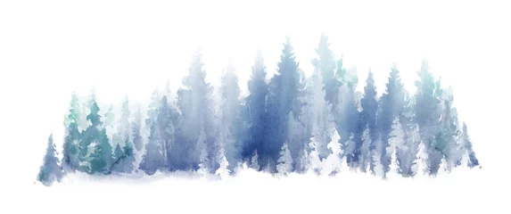 Rollo Watercolor Blue landscape of foggy forest hill. Wild nature, frozen, misty, taiga. Horizontal watercolor background. Evergreen coniferous trees. © Leyasw