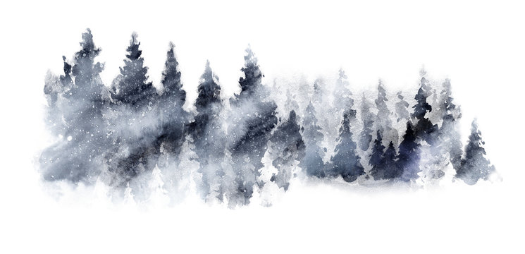 Watercolor Dark grey landscape of foggy forest hill. Wild nature, frozen, misty, taiga. Horizontal watercolor background. Evergreen coniferous trees.