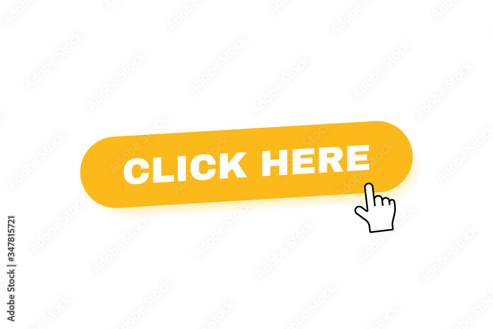 Poster click here button label with hand pointer clicking. modern vector illustration