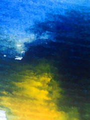 Watercolor abstract bright colorful textural background handmade . Painting of sky and clouds during sunset . Modern seascape . Shine	