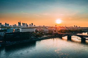 Sunset over the Warsaw City, aerial shot