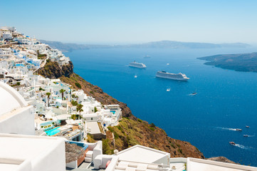 White architecture and blue sea on Santorini island, Greece. Panoramic view. Famous travel destination