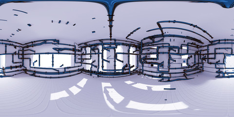 Fototapeta na wymiar 4K HDRI map, spherical environment panorama background, room with pipes, interior light source rendering (3d equirectangular render)