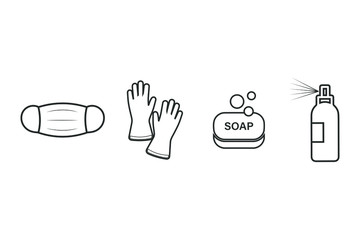 Fototapeta premium Badges of personal protective equipment - medical mask, latex gloves, soap, antiseptic. Coronavirus, covid 19 prophylactic items. Lines and polygonal symbols. Vector illustration