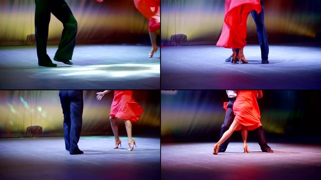 pair is dancing tango on scene, close up view of legs, collage shot