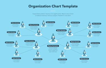 Modern simple company organization hierarchy schema template with place for your content - blue version. Easy to use for your website or presentation. - obrazy, fototapety, plakaty