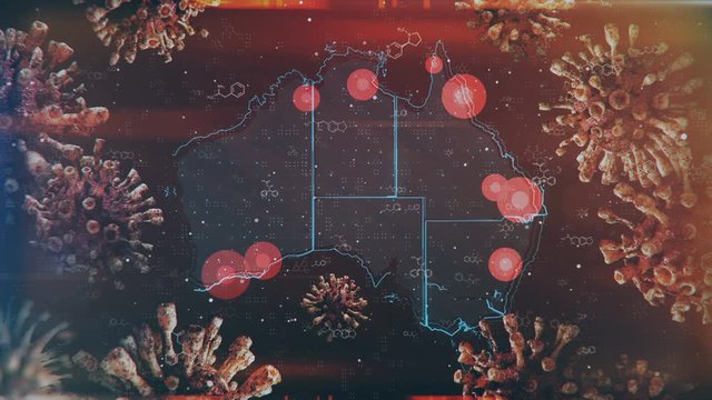 Motion graphics map of Australia with the localization and spread of the epidemic across the country. Suitable for mapping outbreaks of diseases, epidemics, the spread of crisis situations and emergen