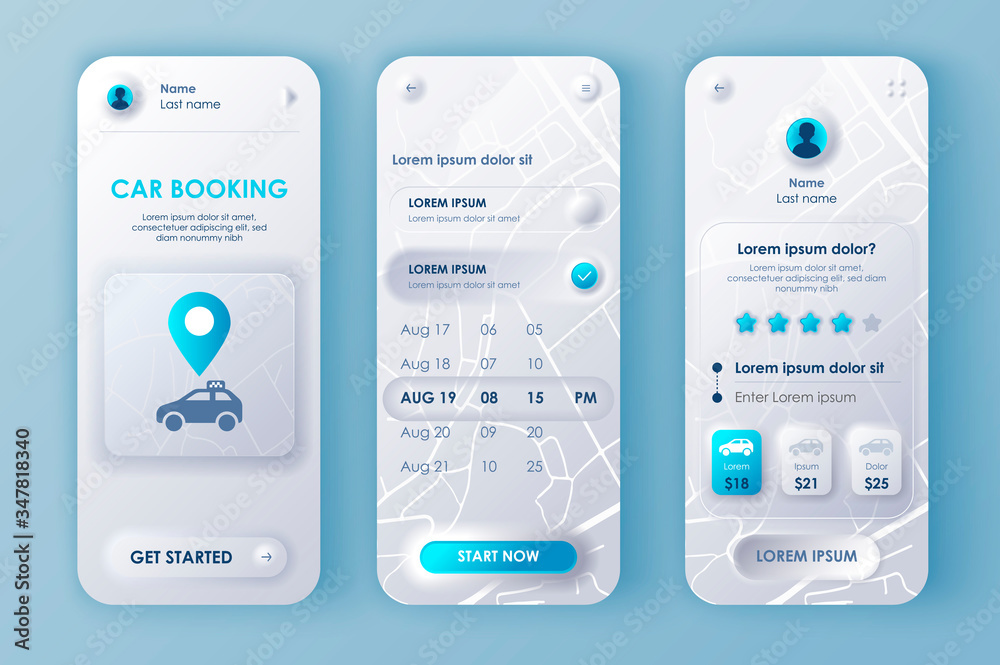 Aufkleber Car booking unique neomorphic design kit for mobile app neomorphism style. Online rent car order screens with prices. Car sharing service UI, UX template set. GUI for responsive mobile application.