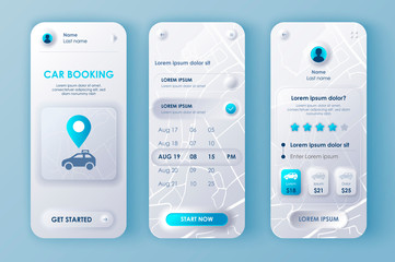 Fototapeta na wymiar Car booking unique neomorphic design kit for mobile app neomorphism style. Online rent car order screens with prices. Car sharing service UI, UX template set. GUI for responsive mobile application.