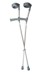 Mobility support, rehabilitation and physical injury recovery concept with two crutches isolated on white background with clipping path cutout