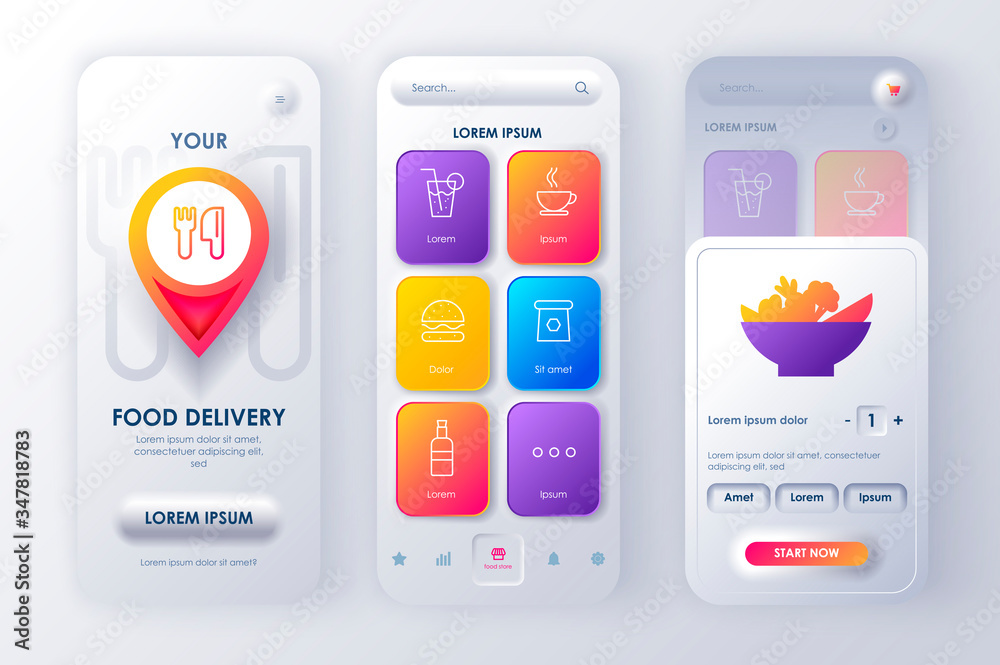 Aufkleber Delivery food unique neomorphic design kit for mobile app neomorphism style. Online fast food order screens. Express delivery service UI, UX template set. GUI for responsive mobile application.