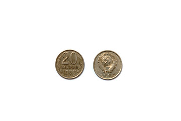 Twenty Soviet kopecks on a white background. Coins of the USSR of the sample of 1961-1991 on 20 kopecks in 1982. Concept of business, Finance and collecting rare coins